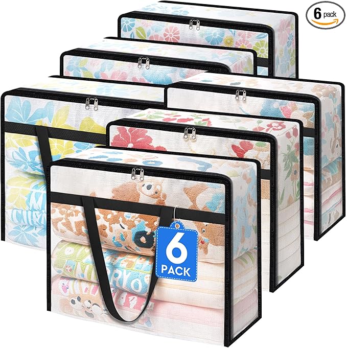 BlissTotes 6 Pack Clear Clothes Storage Bags, Under Bed Storage Containers, Foldable Blanket Storage Moving Bags with Sturdy Zipper and Handle for Clothing, Comforter, Bedding, Sheet (40L)-NeatNest
