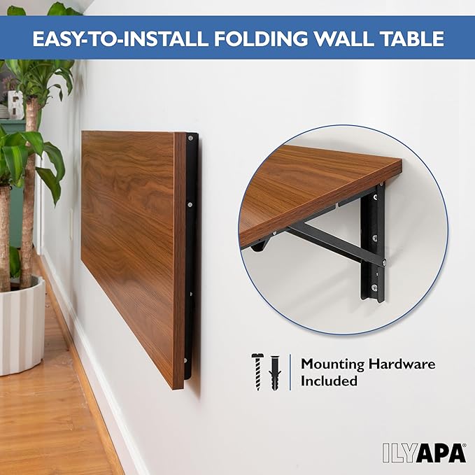 Iyapa Wall Mounted Folding Table - 16x40 Wood Floating Desk for Wall, Laundry Folding Table - 1.5 inch Fold Down Wall Desk for Small Spaces - Mahogany