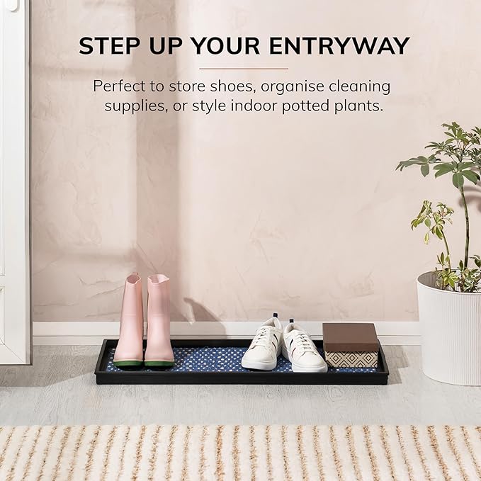 Anji Mountain Heavy Duty Waterproof Rubber Shoe Storage Mat Organizer/Boot Storage Tray Multi Use for Entryway with Coir, Blue and Ivory Insert, Fits 3 Pair (34.5" Wide)