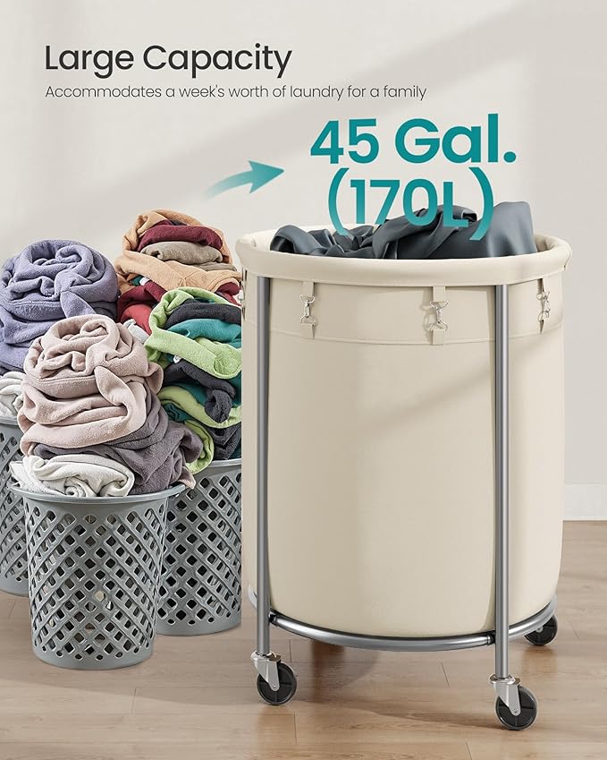 SONGMICS Laundry Basket with Wheels, Rolling Laundry Hamper, 45 Gal., Round Laundry Cart with Steel Frame and Removable Bag, 4 Casters and 2 Brakes, Cream and Silver URLS01MZ