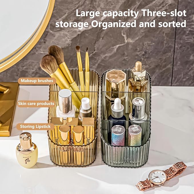 DASITON Large Capacity Makeup Brush Holder,3 Slot Makeup Brush Cup,Vintage striped Make Up Brush Holder,for Vanity Decor,Bathroom Countertops,Desk Storage Container,Cosmetic Display cases(Amber-S)-NeatNest