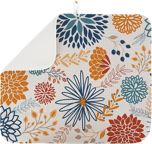 Dish Drying Mat for Kitchen Counter Large 18" x 24" Modern Flower Absorbent Microfiber Dishes Drainer Rack Mats Pad Reusable Washable