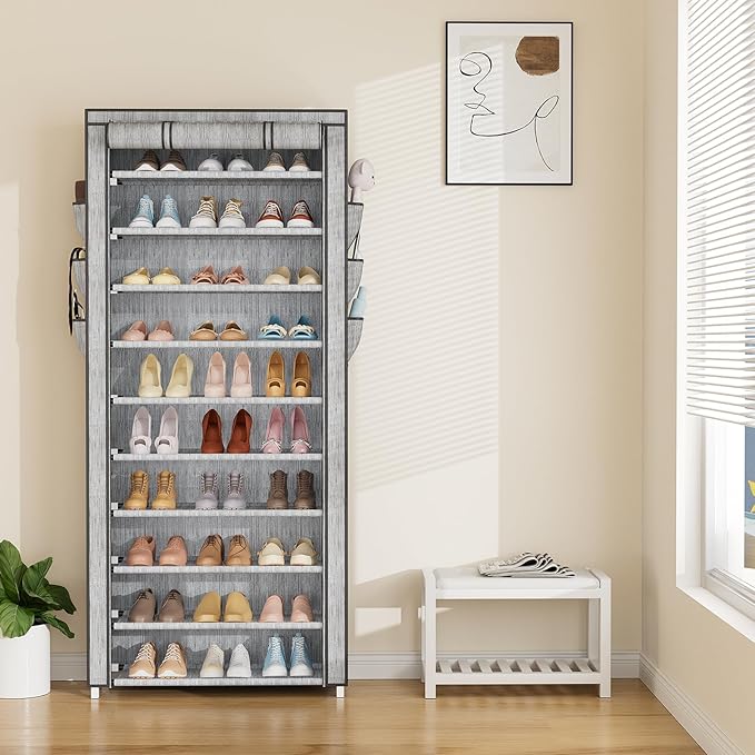 VTRIN Vertical Narrow Shoe Rack Organizer Tall Shoe Rack for Closet Entryway 10 Tier Non-Woven Cover Shoe Shelf Holds 36-41 Pairs Free Standing Shoe Storage Cabinet with Dustproof Cover, Multi Color-NeatNest