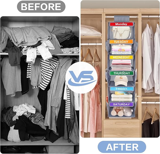 6-Shelf Weekly Closet Hanging Organizer for Kids, 6-Grid Days of the Week Baby Kids Clothing Organizer Monday through Saturday, Foldable Oxford Cloth Closet Clothes Weekday Storage (Gray)-NeatNest