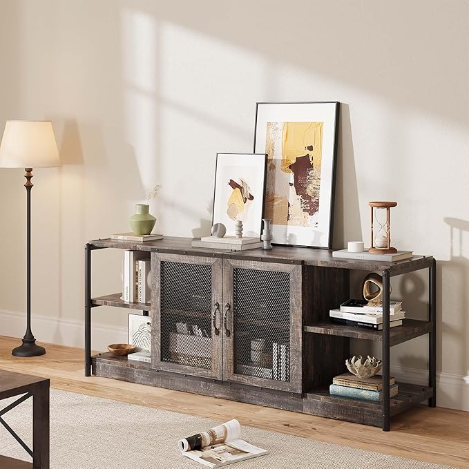 CABIHOME Farmhouse TV Stand for 65/75 inches TVs, Entertainment Center with Storage Cabinet and Mesh Doors, Industrial Media Console Cabinet Table, Living Room Media Furniture, Oak-NeatNest