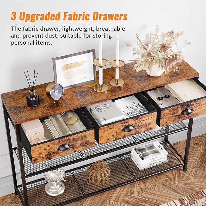 Furologee Entryway Table, 38'' Console Sofa Table with 3 Fabric Drawers, Industrial Entry Way Table with Storage Shelves, Display Shelf for Living Room, Hallway, Entrance, Foyer, Rustic Brown-NeatNest
