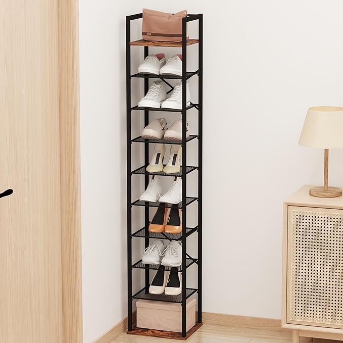 10 Tier Vertical Shoe Rack, Narrow Shoe Storage Organizer with Hooks, Slim Corner Shoe Tower Rack, Adjustable Tall Shoes Shelf, Entryway Living Room Bedroom, Rustic Brown-NeatNest