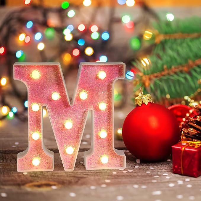 Foaky Pink Light up Letters，Pink Party Decorations,Girls Room Decor,Glitter Light Up Letters,Alphabet Letter Sign for Night Light Birthday Party Girls Gifts, Home Bar Decoration（V）-NeatNest