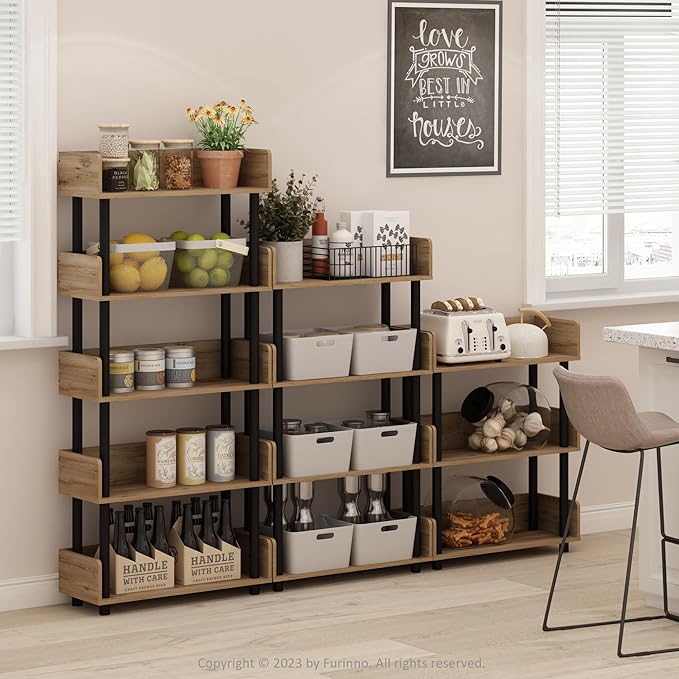 Furinno Turn-N-Tube 5-Tier Multipurposes Display Rack, Open Shelf Rack/Storage with back & side panel, Flagstaff Oak/Black-NeatNest