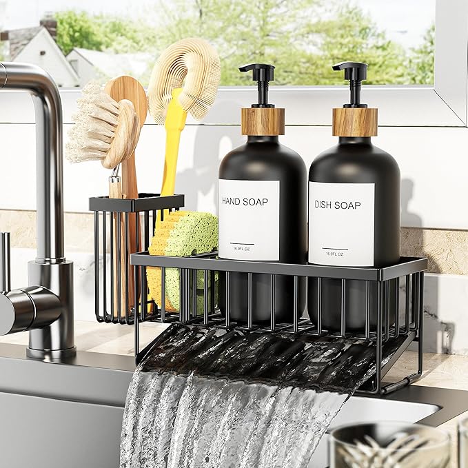 Cisily Kitchen Dish Soap Dispenser Set with 2 Pack Black Glass, Soap Dispensers with Adjustable Black Sink Caddy, Vintage Kitchen Soap Dispenser Set, Hand and Dish Soap Dispensers Set-NeatNest