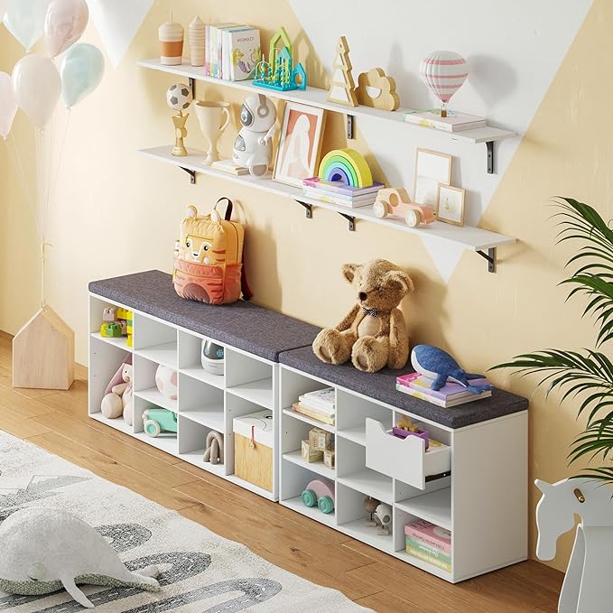 DINZI LVJ Shoe Storage Bench with Cushion, Cubby Shoe Rack with 12 Cubbies, Adjustable Shelves, Multifunctional Shoe Organizer Bench for Entryway, Mudroom, Hallway, Closet and Garage, White-NeatNest