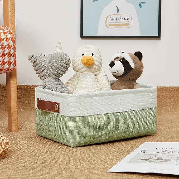 DULLEMELO Small Storage Basket, Fabric Collapsible Gift Storage Basket for Shelves, Closets, Nursery, Home, Office Organizing, Small Canvas Linen Rectangular Storage Bin with Handles (White&Green)-NeatNest