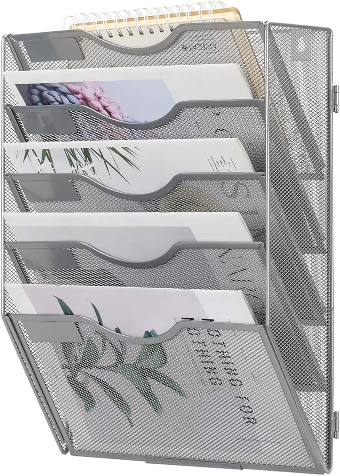 EasyPAG 5 Pocket Wall File Organizer, Silver | Metal Mesh Wall Mounted File Holder | Assembly Hanging Mail Organizer | Replaceable Classify Labels | Office Home Letter Size Paper Storage