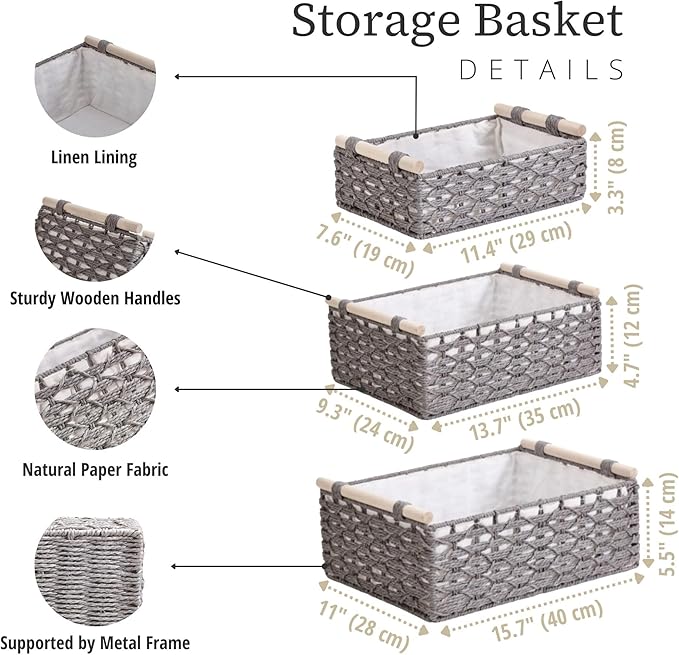 DECOMOMO Toilet Tank Basket, Wicker Storage Bins for Countertop, Toilet Top Organizer, Back of Toilet Basket, Pantry, (Grey, Set of 3)-NeatNest