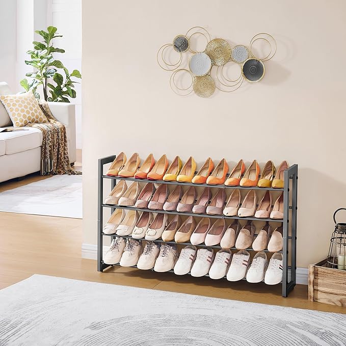 FAVOOSTY 4-Tier Expandable Shoe Rack, Adjustable Shoe Shelf Storage Organizer Space Saving Metal Free Standing Shoe Rack for Entryway Closet Doorway, Silver Grey-NeatNest