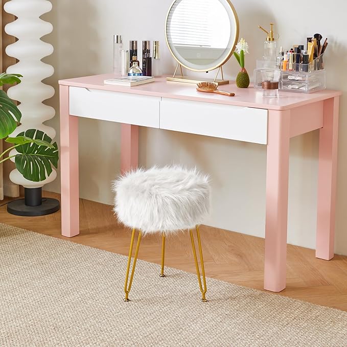 IBUYKE Faux Fur Vanity Stool Chair, Furry Makeup Stool Ottoman, Soft Padded Seat, Round Footrest Footstools with 4 Metal Legs, for Living Room Bedroom Entryway, White LG-32W