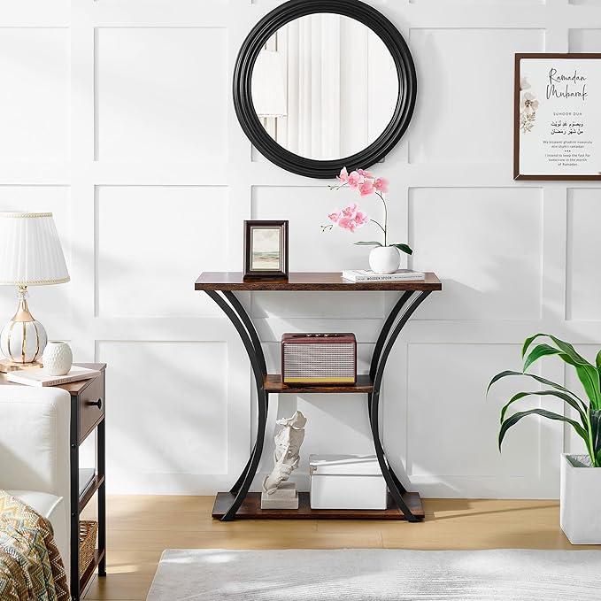 Hoctieon 3 Tier Console Table with Open Wood Shelves, Decorative Entryway Table with Curved Metal Frames, Narrow Sofa Table for Entrance, Living Room, Hallway, Rustic Brown+Black-NeatNest