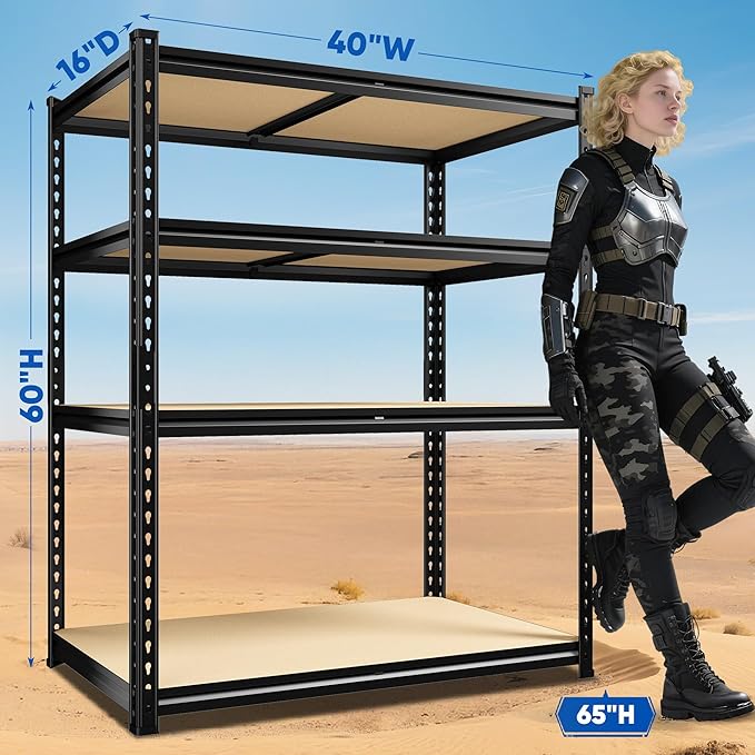 40" W Garage Shelving, 4 Tier Storage Shelves Load 2000 lbs, Adjustable Garage Shelves, Metal Shelving Unit for Warehouse, Basement, Pantry, 40" Wx 16" D x 60" H, Black-NeatNest