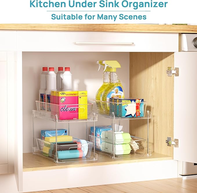 Vtopmart 4 Pack Bathroom Organizer, 2 Tier Clear Under Sink Organizers Vanity Countertop Storage Container,Cabinet Drawers Bins, Pull-Out Organization with Track for Pantry, Kitchen-NeatNest