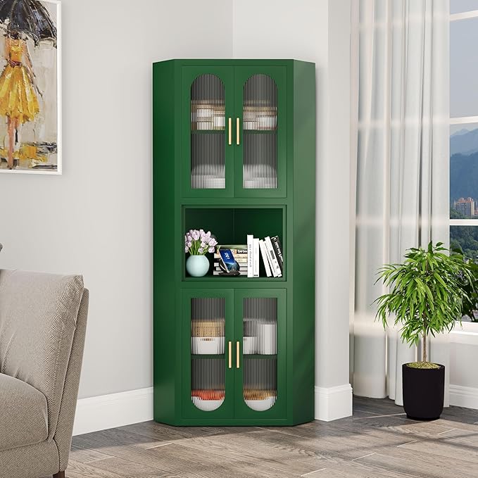 64" Tall Metal Corner Storage Cabinet with Acrylic Glass Doors ＆ Open Display Storage Shelves, Farmhouse Corner Pantry Storage Cupboard for Kitchen, Laundry Room, Bathroom or Bedroom (Green)
