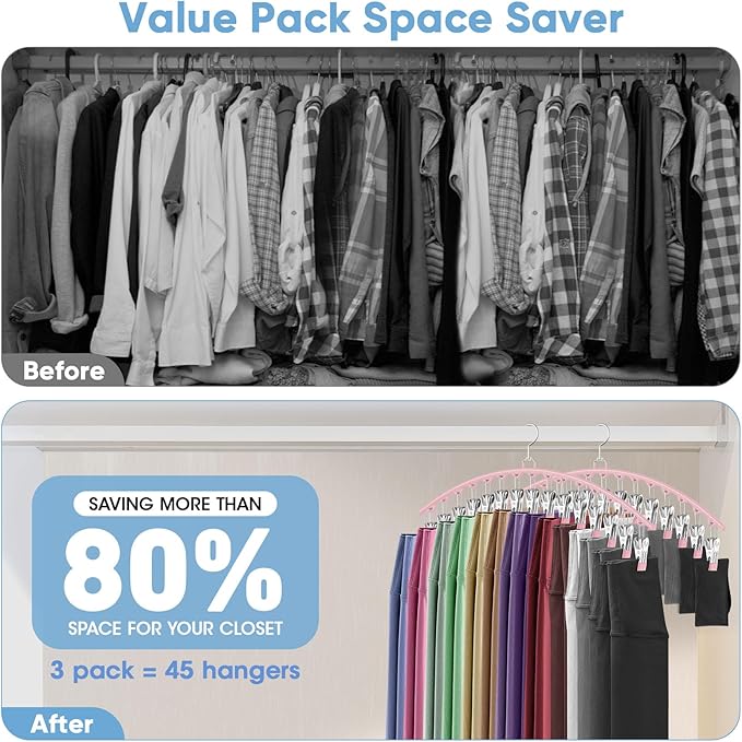 3 Pack Legging Organizer for Closet Hanging, Pants Hangers with 15 Clips Holds 45 Leggings, Shorts, Skirts, Jeans, Hats, Pants Hangers Space Saving Clothes Racks Closet Organizers and Storage, Pink-NeatNest