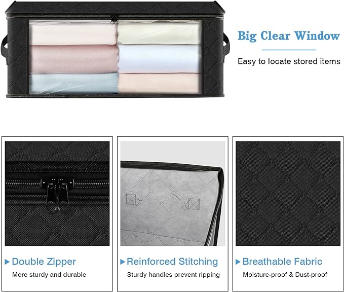 HomeHacks 6-Pack Clothes Organizer Storage Bags Foldable Storage Box with Large Clear Window Sturdy Handles for Closet, Dorm, Pillows, Bedding, Clothes, Stuffed Toys, Blankets, 35L, Black-NeatNest