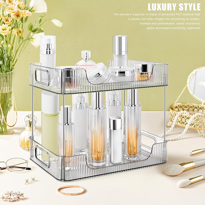 2-Tier Bathroom Counter Organizer Countertop Storage, Dresser Organizer Vanity Tray for Makeup, Perfume Organizer Cosmetics Skincare Shelf- Grey-NeatNest