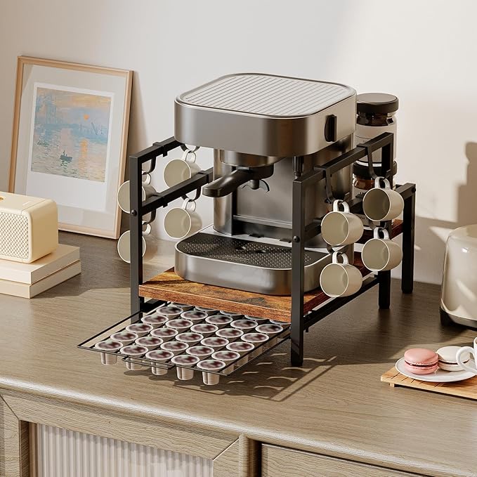 HOOBRO K Cup Holder, Coffee Pod Organizer for Counter, 35 Capacity Pods Storage Organizer Cups with Mug Rack, Coffee Maker Stand, Coffee Station for Syrup, Rustic Brown and Black BF01CR01-NeatNest