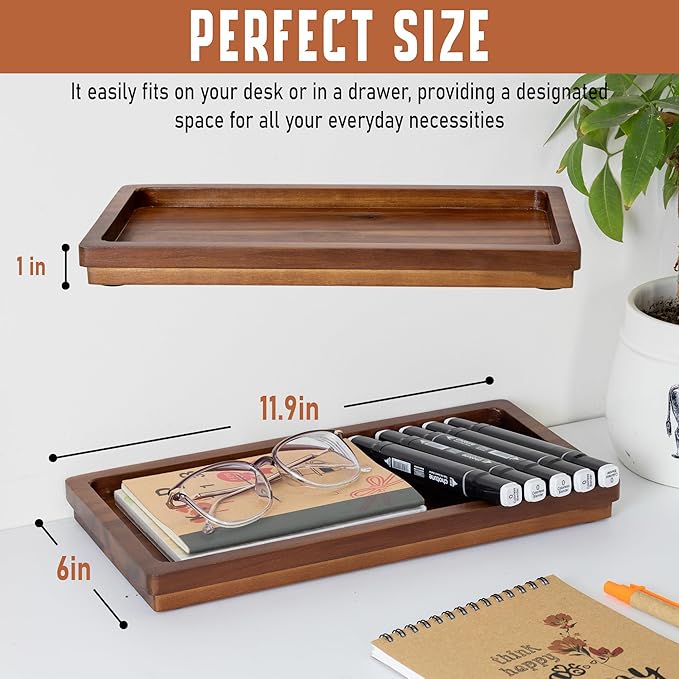 Demigo Acacia Wood Valet Tray & Catchall (11.9x6x1 inch) - Wooden Desk Organizer for Office Supplies, Keys, Wallet & Mail - Entryway & Nightstand Decor-NeatNest