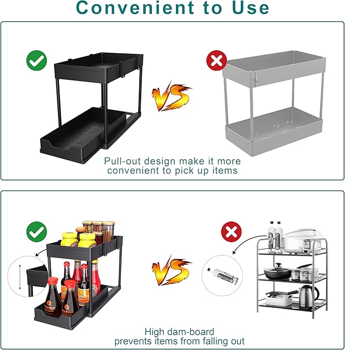 2 Pack Under Sink Organizer, 2 Tier Bathroom Cabinet Organizer with Sliding Basket, Multi-Purpose Under Sink Organizers and Storage for Bathroom Kitchen (Black 2 Pack)-NeatNest