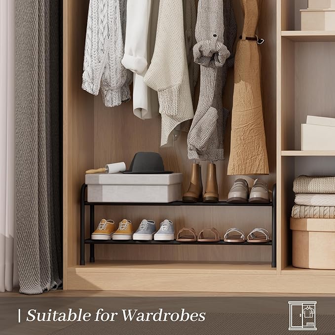 Expandable Shoe Rack, Adjustable Shoes Organizer Metal, Space-Saving Storage Shelf for Closet, Entryway, Front Door & Hallway,Sturdy and Easy Assembly (Black, 2-Tier)