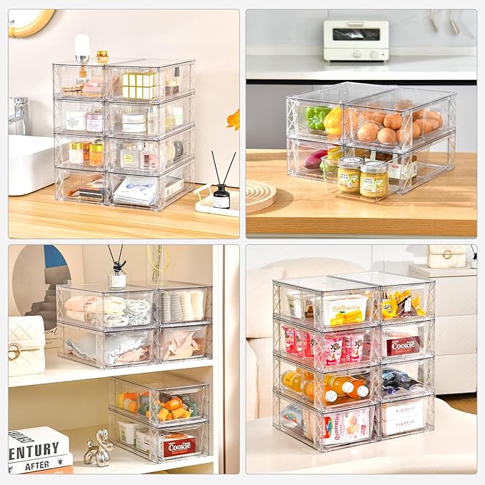 4Pack Clear Stackable Kitchen Storage Organizer,Pantry Organizers and Storage,Foods Organizer Bins with Handles, Easily Assemble for Bathroom, Kitchen, Refrigerator, Pantry, Cabinet, Closet-NeatNest
