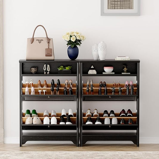 Chogori Solid Wood Shoe Storage Cabinet for Entryway - Narrow Freestanding Shoe Organizer with 2 Flip-Up Drawers, Hallway Shoe Rack with Sturdy Wooden Legs for Foyer, Living Room (2, Onyx Black)