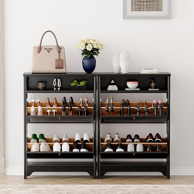 Chogori Solid Wood Shoe Storage Cabinet for Entryway - Narrow Freestanding Shoe Organizer with 2 Flip-Up Drawers, Hallway Shoe Rack with Sturdy Wooden Legs for Foyer, Living Room (1, Onyx Black)