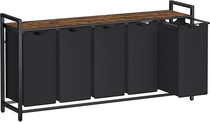 VASAGLE Laundry Hamper, Laundry Basket, Laundry Sorter with 5 Pull-Out and Removable Bags, Shelf, Metal Frame, 5 x 10.6 Gallons (40 L), 56.5 x 13 x 28.4 Inches, Ink Black and Rustic Brown UBLH501B01-NeatNest