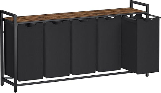 VASAGLE Laundry Hamper, Laundry Basket, Laundry Sorter with 5 Pull-Out and Removable Bags, Shelf, Metal Frame, 5 x 10.6 Gallons (40 L), 56.5 x 13 x 28.4 Inches, Ink Black and Rustic Brown UBLH501B01-NeatNest