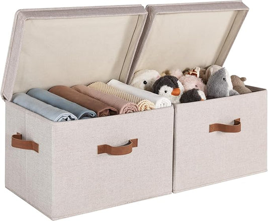 StorageWorks Fabric Storage Bins with Lid, Decorative Storage Boxes for Shelves, Stackable Closet Organizer Basket with Handles, Jumbo, Brown and Beige, 2-Pack-NeatNest