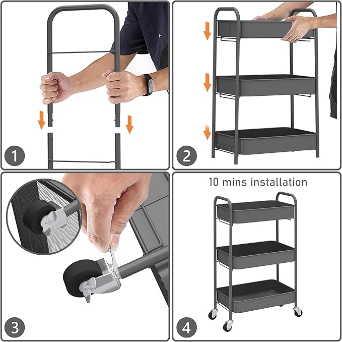 CAXXA 3-Tier Rolling Metal Storage Organizer - Mobile Utility Cart with Caster Wheels, Gray-NeatNest