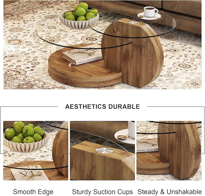 Glass Coffee Tables for Living Room Round Coffee Tables Modern Double Layer Round Table Circle Coffee Table for Small Space Home Office (42 Inch Dark Wood)