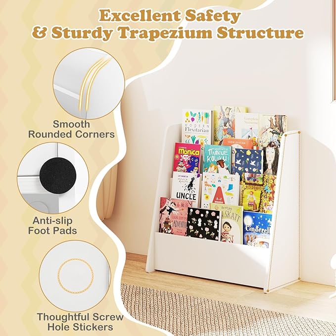 GLACER 4-Tier Kids Bookshelf, Wood Toddler Bookcase with Deep Magazine Display Shelf & Back Storage Space, Children Storage Organizer for Nursery, Playroom, Kids Bedroom, Classroom (White)