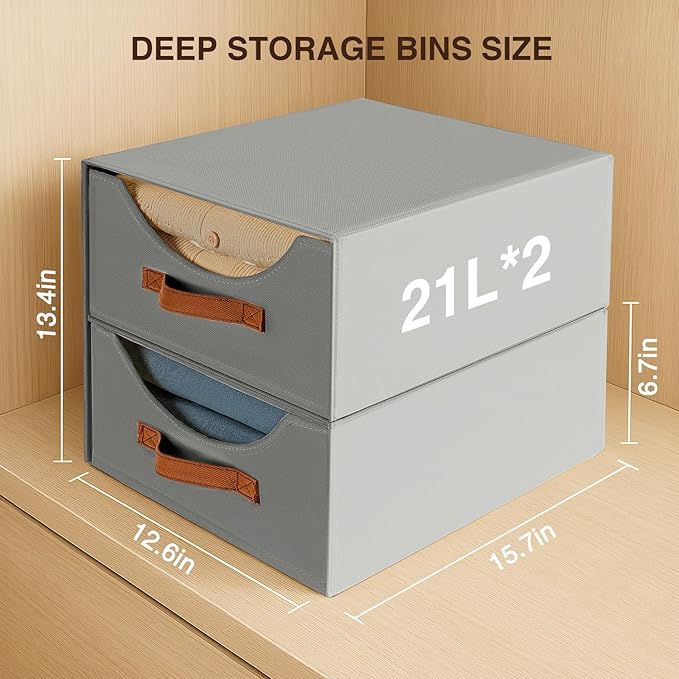 Closet Organizers and Storage - Large Stackable Storage Bins with Drawer, Fabric Bins for Organization, Collapsible Drawer Organizer Clothes for Bedroom, Living Room, 2 Pack, Grey-NeatNest