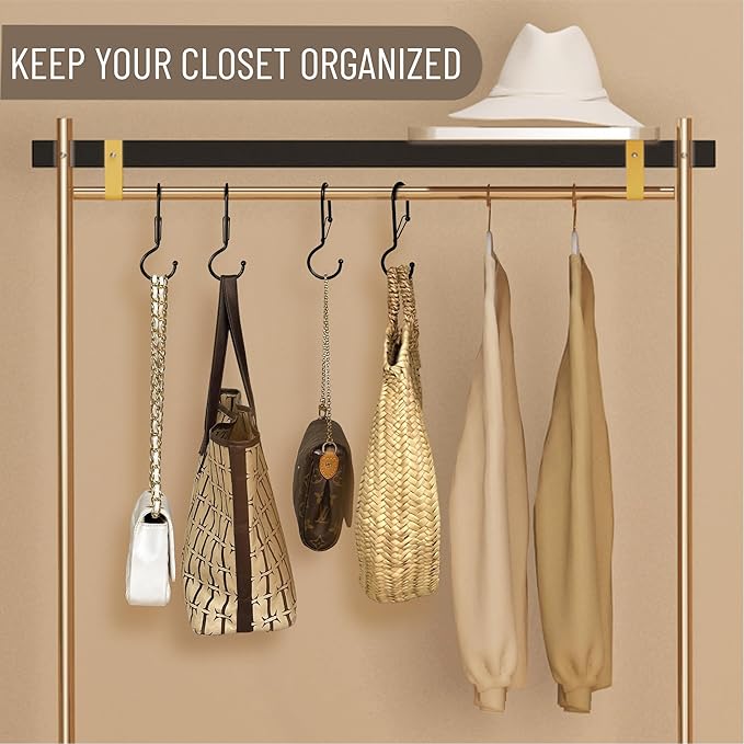 6 Purse Hanger for Closet. Tote Hanger. S-Shaped Hooks S Hooks Twist Design. Anti Drop S-Shaped Hook for Hanging Handbags with Safety Buckle to Prevent Falls. Heavy Duty. (Black, Twisted)-NeatNest