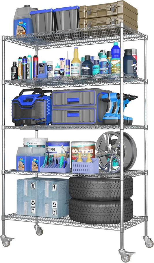 5 Tier Metal Shelving Unit with Wheels, 72" H x 48”W x 24”D Industrial Storage Shelves 1500 LBS Load Capacity, Steel Wire Storage Shelving for Garage, Kitchen, Pantry, Living Room-NeatNest