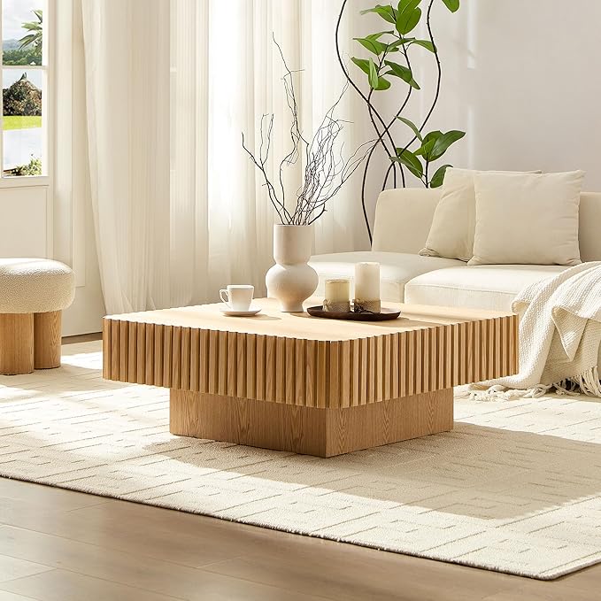 KEVINSPACE Square Wood Coffee Table, Fluted CoffeeTable Handcraft Drum TeaTable CenterTable for Living Room, Modern Wooden CocktailTable for Small Space, Easy Assembly 35.43" 15.75" H ASH