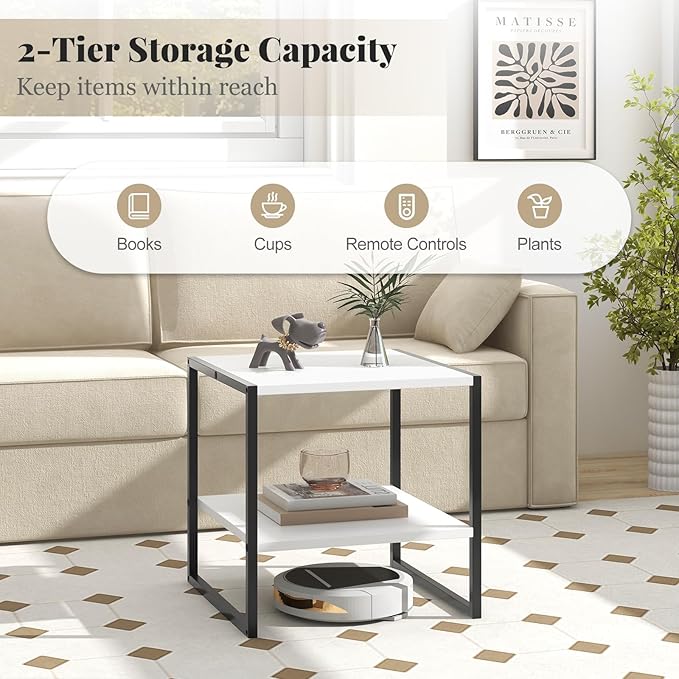 End Table Set of 2, Industrial 2-Tier Side Tables with Open Shelf, 20" Square Coffee Table with Heavy-Duty Metal Frame, Compact Tea Table Nightstand for Living Room, Bedroom, Hallway