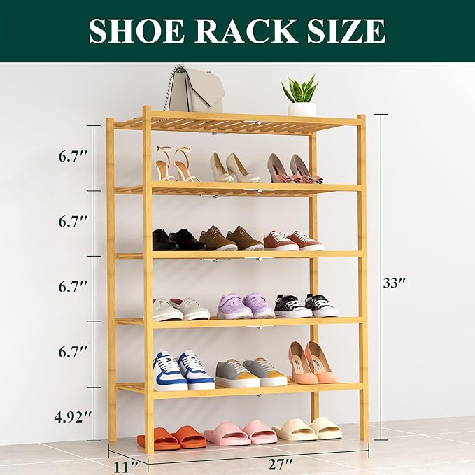 Smiry Shoe Rack, 5 Tier Thick Bamboo Shoe Organizer, Stackable Free Standing Wooden Shoe Storage Shelf for Closet, Entryway, Front Door Entrance, Natural-NeatNest