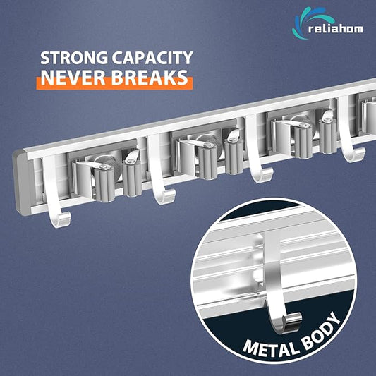Broom Holder Wall Mount Mop and Broom Hanger Wall Mounted Garage Storage Rack Kitchen Garden Tool Organizer (4 Racks with 5 Hooks, Silver)-NeatNest