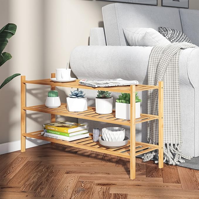 Long Shoe Rack, 3-Tier Bamboo Stackable Shoe Shelf Storage Organizer, Shoe Stand for Closet, Entryway and Hallway-NeatNest