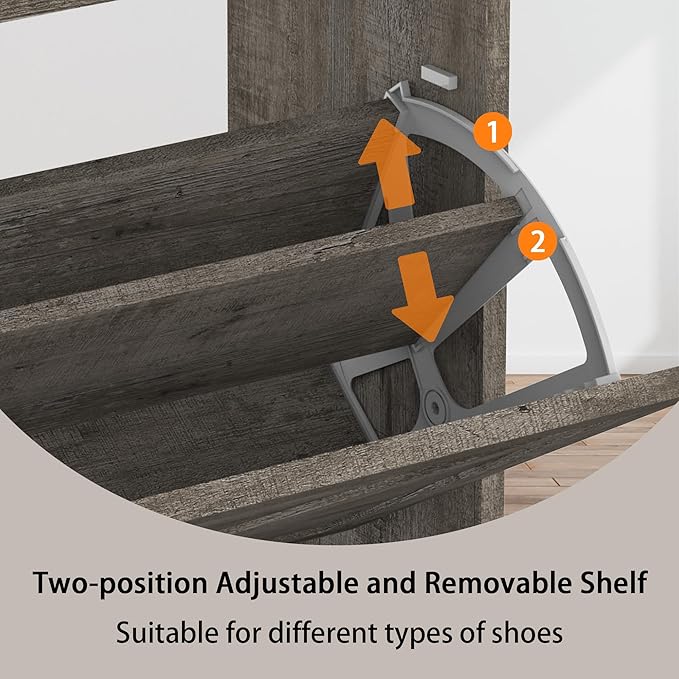 Hidden Shoe Storage Cabinets with 2 Flip Drawers and Metal Legs, Freestanding Narrow Shoe Organizer Rack for Entryway, Rustic Grey-NeatNest