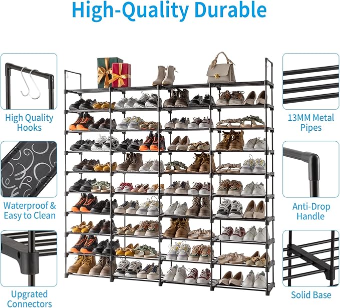 10-Tier Tall Shoe Rack - Free Standing Large Metal Closet Storage Shelves - Stackable Shoe Stand with Hooks for Bedroom Entryway - Holds 80 Pairs - Black-NeatNest